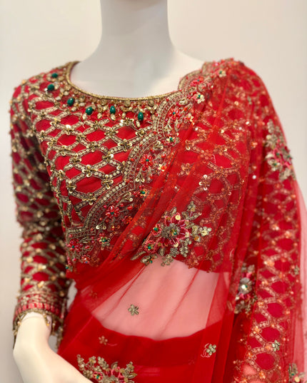 Luxury Crimson Bridal Saree Gown – Hand Embellished Wedding Formal