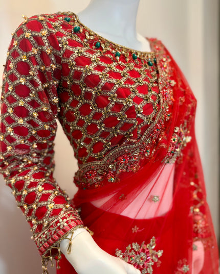 Luxury Crimson Bridal Saree Gown – Hand Embellished Wedding Formal