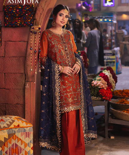 Asim Jofa | Rust Embroidered Chiffon Suit