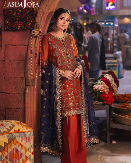 Asim Jofa | Rust Embroidered Chiffon Suit