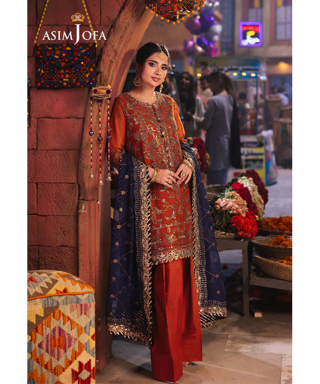 Asim Jofa | Rust Embroidered Chiffon Suit