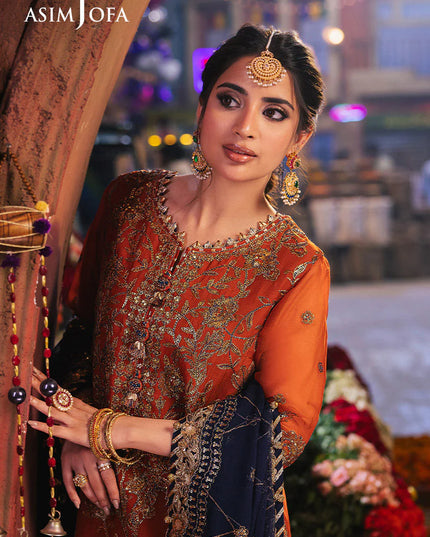 Asim Jofa | Rust Embroidered Chiffon Suit