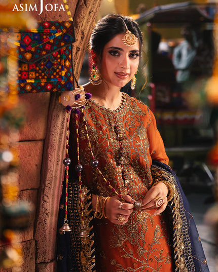 Asim Jofa | Rust Embroidered Chiffon Suit