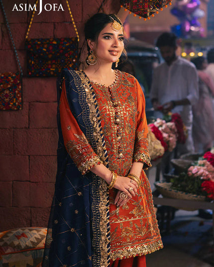 Asim Jofa | Rust Embroidered Chiffon Suit