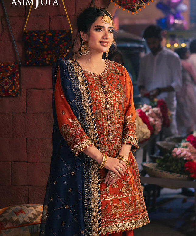 Asim Jofa | Rust Embroidered Chiffon Suit