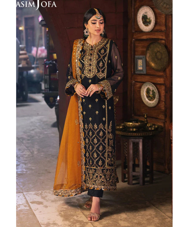 Asim Jofa | Black and Gold Embroidered Chiffon Suit