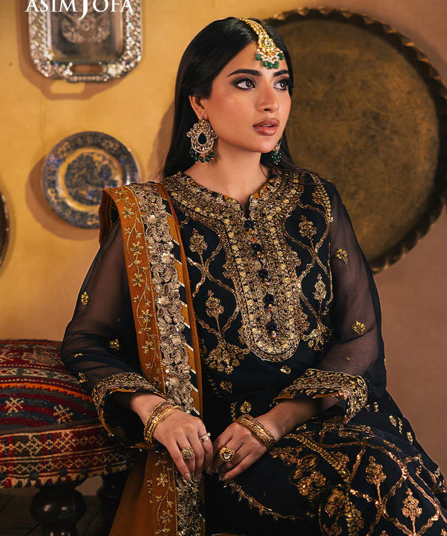 Asim Jofa | Black and Gold Embroidered Chiffon Suit