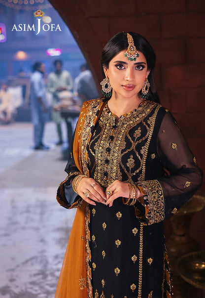 Asim Jofa | Black and Gold Embroidered Chiffon Suit