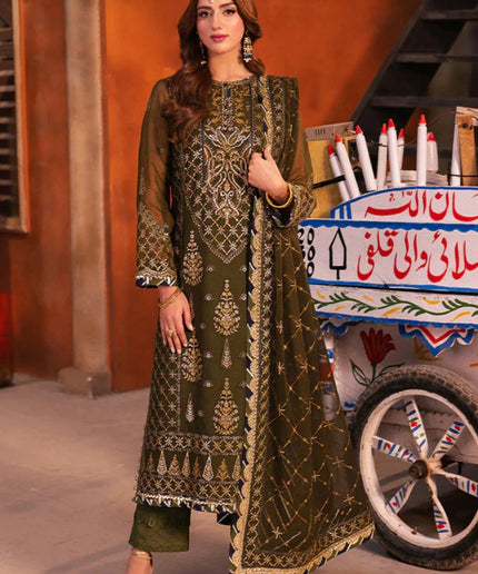 Asim Jofa | Olive Green Chiffon Embroidered Suit