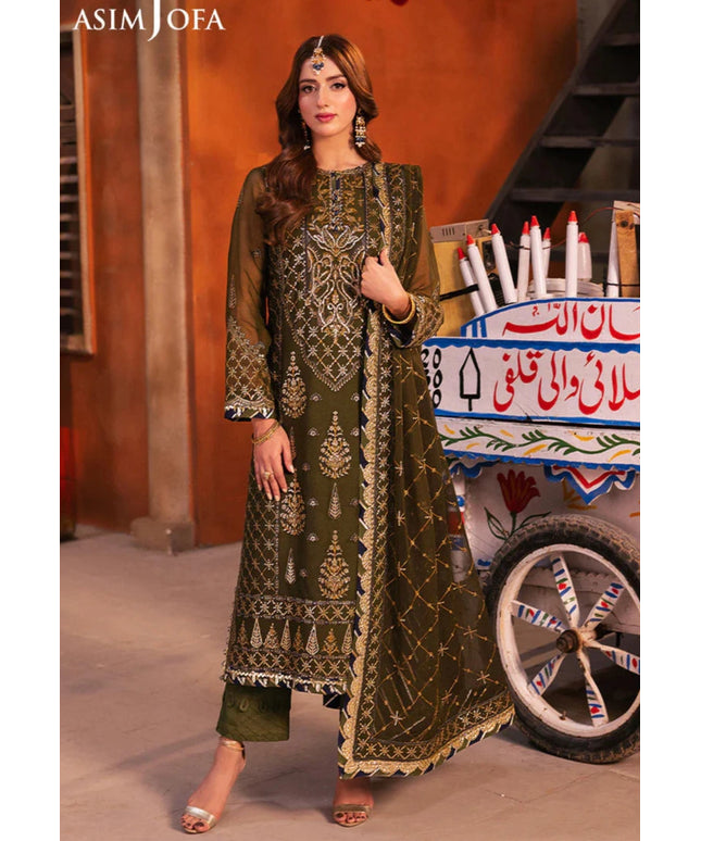 Asim Jofa | Olive Green Chiffon Embroidered Suit