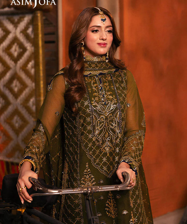 Asim Jofa | Olive Green Chiffon Embroidered Suit
