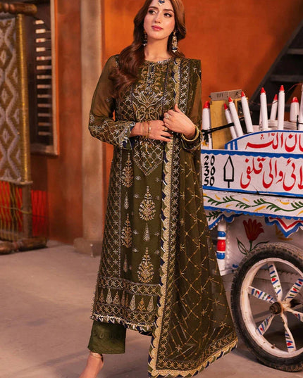 Asim Jofa | Olive Green Chiffon Embroidered Suit