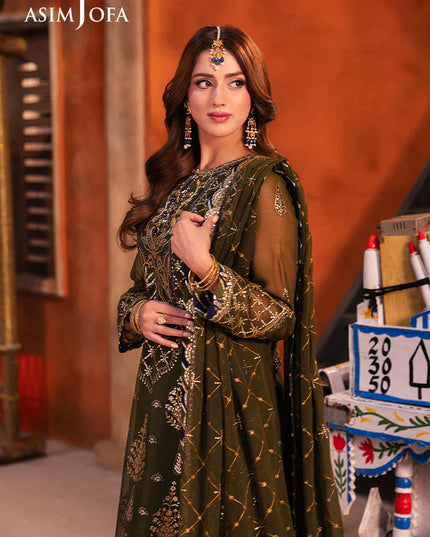 Asim Jofa | Olive Green Chiffon Embroidered Suit
