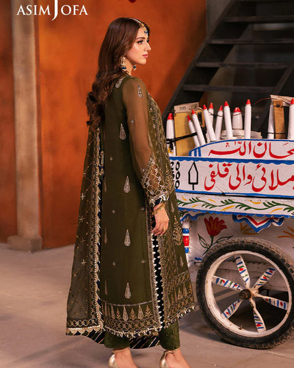 Asim Jofa | Olive Green Chiffon Embroidered Suit