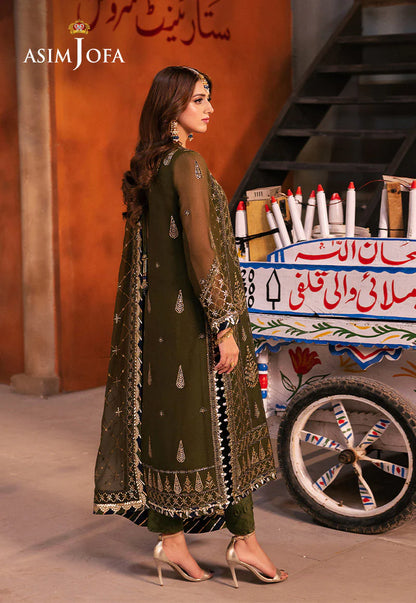 Asim Jofa | Olive Green Chiffon Embroidered Suit