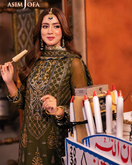 Asim Jofa | Olive Green Chiffon Embroidered Suit