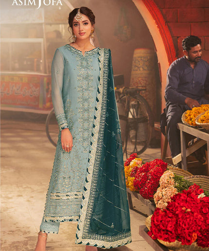 Asim Jofa | Aqua Embroidered Chiffon Suit