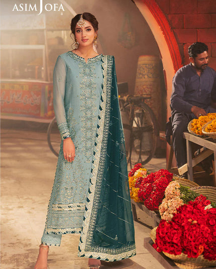 Asim Jofa | Aqua Embroidered Chiffon Suit