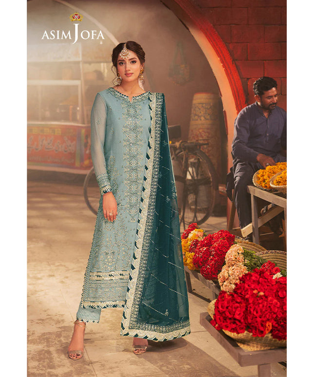 Asim Jofa | Aqua Embroidered Chiffon Suit