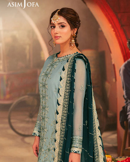 Asim Jofa | Aqua Embroidered Chiffon Suit