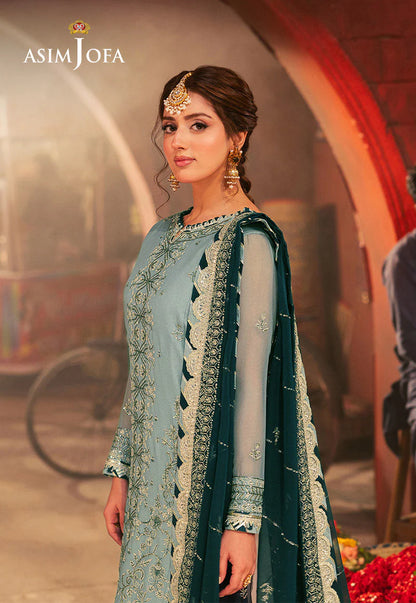 Asim Jofa | Aqua Embroidered Chiffon Suit