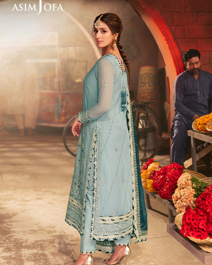 Asim Jofa | Aqua Embroidered Chiffon Suit