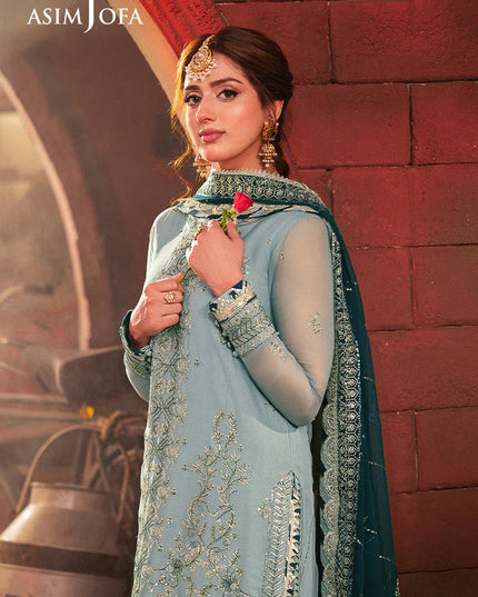 Asim Jofa | Aqua Embroidered Chiffon Suit