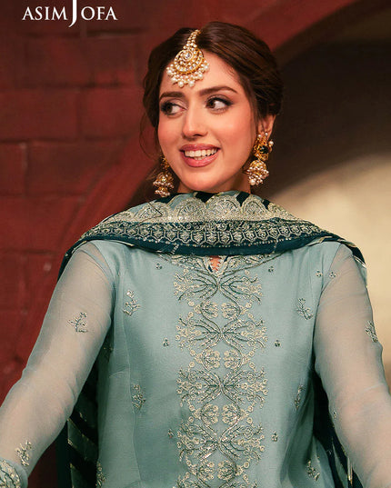Asim Jofa | Aqua Embroidered Chiffon Suit