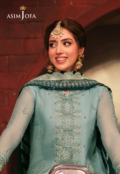 Asim Jofa | Aqua Embroidered Chiffon Suit
