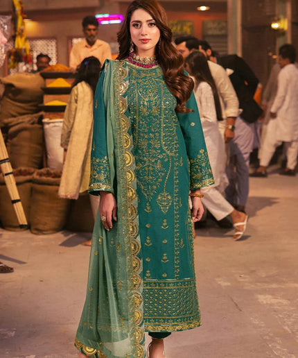 Asim Jofa | Emerald Green Embroidered Silk Suit