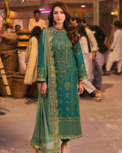Asim Jofa | Emerald Green Embroidered Silk Suit