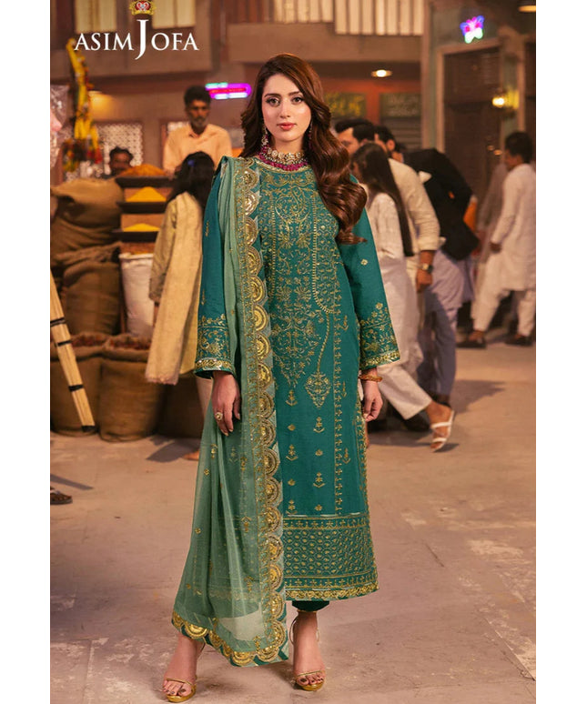 Asim Jofa | Emerald Green Embroidered Silk Suit