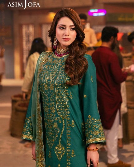 Asim Jofa | Emerald Green Embroidered Silk Suit