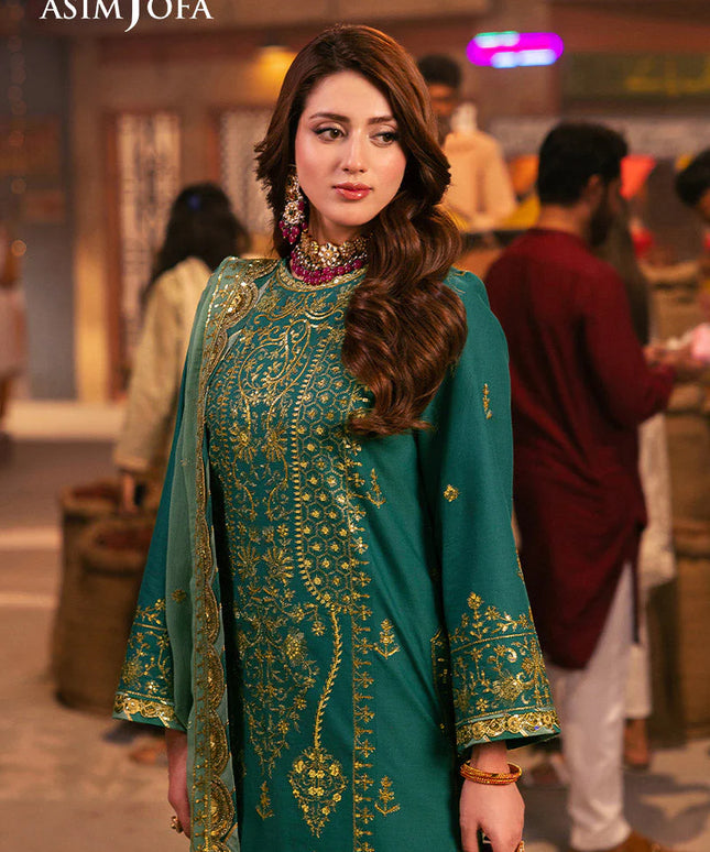 Asim Jofa | Emerald Green Embroidered Silk Suit