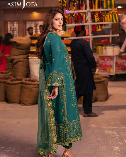 Asim Jofa | Emerald Green Embroidered Silk Suit