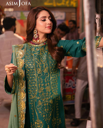 Asim Jofa | Emerald Green Embroidered Silk Suit