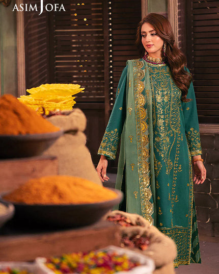 Asim Jofa | Emerald Green Embroidered Silk Suit