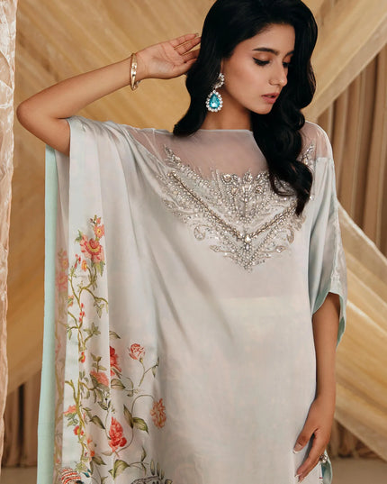Aqua Elegance | Premium Silk Embellished Kaftan
