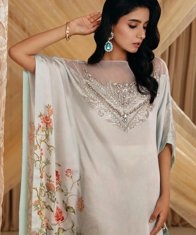 Aqua Elegance | Premium Silk Embellished Kaftan