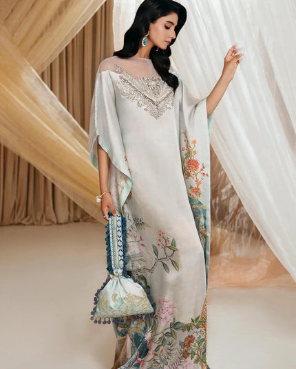 Aqua Elegance | Premium Silk Embellished Kaftan