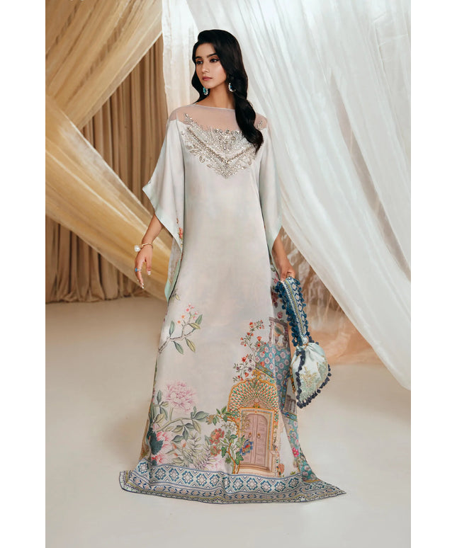 Aqua Elegance | Premium Silk Embellished Kaftan