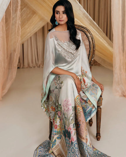 Aqua Elegance | Premium Silk Embellished Kaftan
