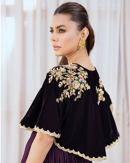 AYLA | Chiffon Pishwas Embellished French Velvet Cape