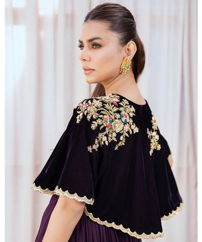 AYLA | Chiffon Pishwas Embellished French Velvet Cape