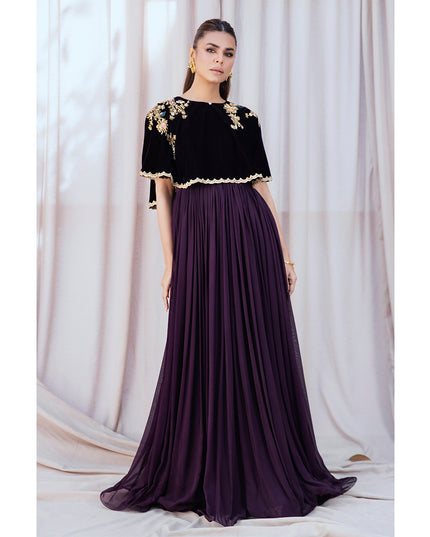 AYLA | Chiffon Pishwas Embellished French Velvet Cape