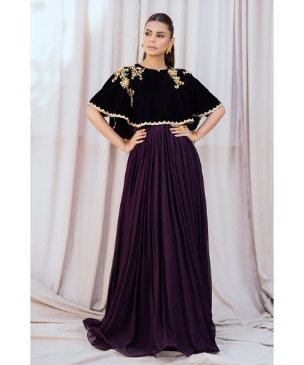 AYLA | Chiffon Pishwas Embellished French Velvet Cape