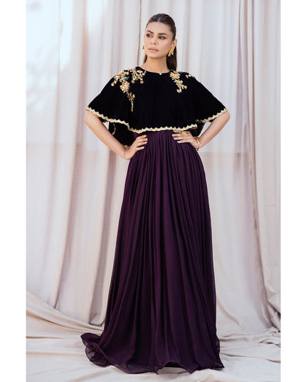 AYLA | Chiffon Pishwas Embellished French Velvet Cape