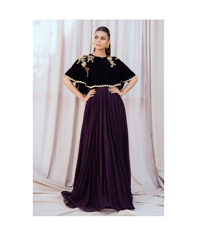 AYLA | Chiffon Pishwas Embellished French Velvet Cape