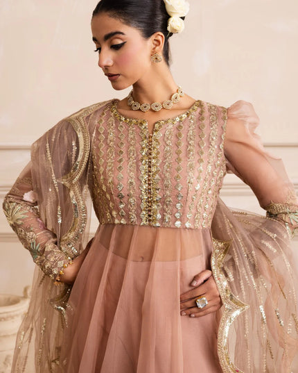 AZITA | Peach Beige Embroidered Organza Pishwas