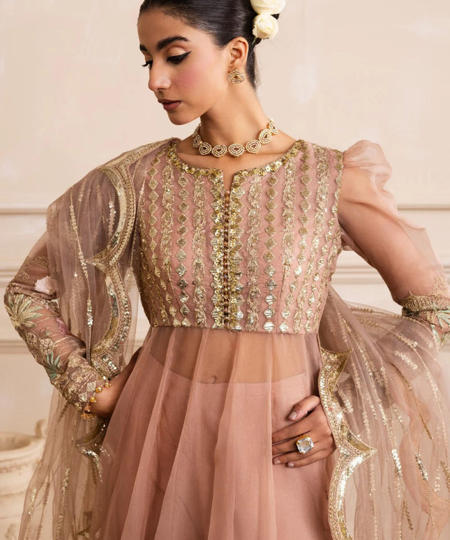 AZITA | Peach Beige Embroidered Organza Pishwas